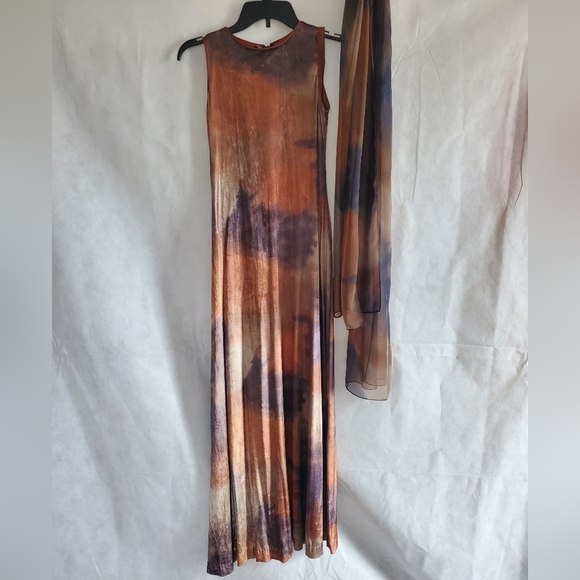 Huey Waltzer SAKS Women's Size 2 Tie Dye Maxi Dress With Scarf - Picture 2 of 7